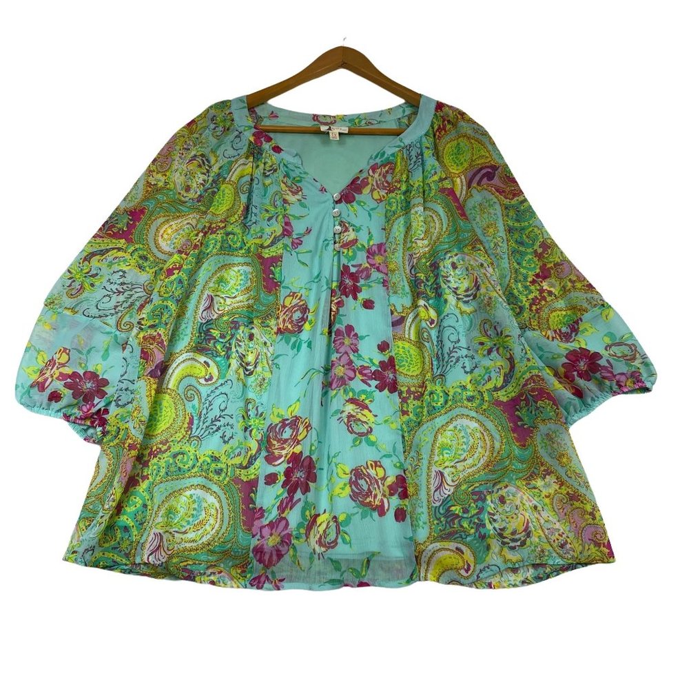 Fig & Flower Sheer Boho Popover Blouse Size 1X Mint Green Colorful Peasant